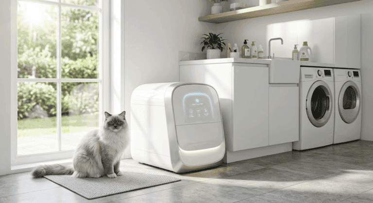 A sleek white smart cat litter box placed in a clean, modern laundry room.