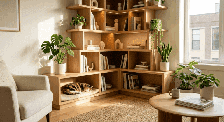 A stylish modern living room featuring space saving cat furniture that blends with human decor.