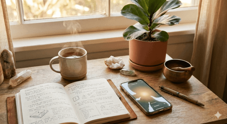 Cozy workspace with a notebook, steaming tea, crystals, smartphone, and a potted plant on a wooden table.