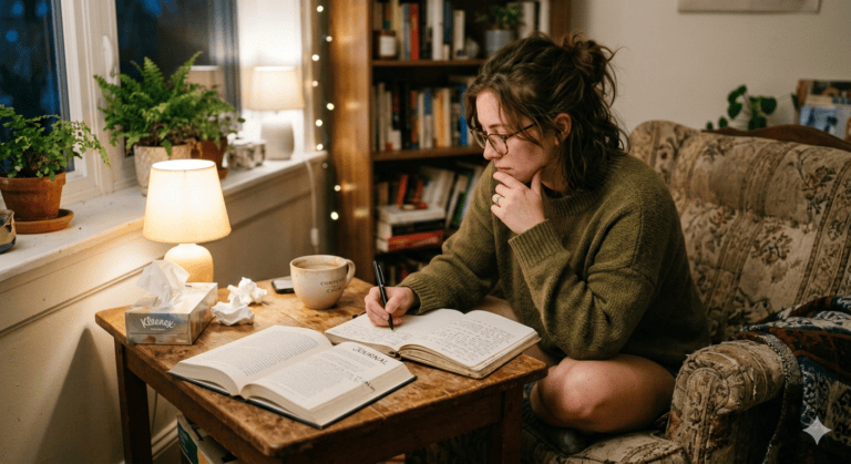 Person writing in a notebook at a cozy, book-filled table with a lamp, surrounded by plants and a patterned sofa.