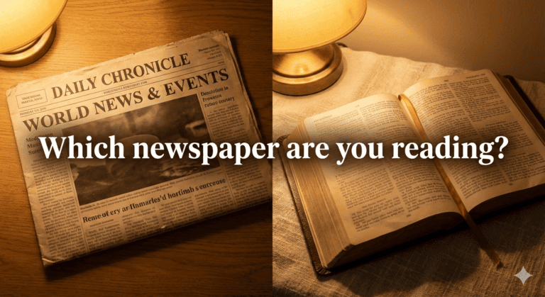 Split image with a newspaper on the left and an open book on the right, with overlay text "Which newspaper are you reading?" Transcribed Text: DAILY CHRONICLE WORLD NEWS & EVENTS Which newspaper are you reading?