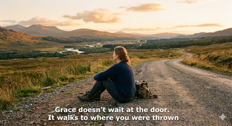 Person sitting on a roadside during sunset with a scenic view of hills, a river, and a gravel road. Transcribed Text: Grace doesn't wait at the door. It walks to where you were thrown.