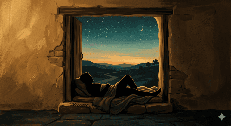 A person reclines in a doorway, looking out at a starry sky with a crescent moon, hills, and a river at dusk or dawn.