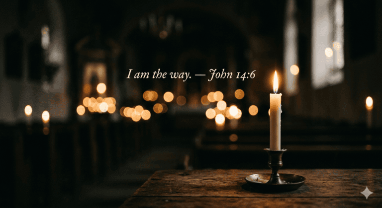 A lit candle in a church with blurred candles in the background. Transcribed Text: I am the way. — John 14:6