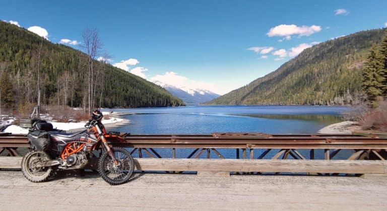 motorcycle on bridge at trout lake