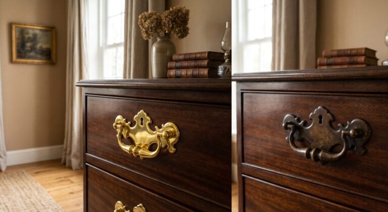 Before and after comparison of a brass aging solutions for furniture applied to a vintage mahogany drawer pull.