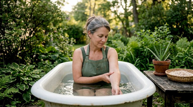 Woman applying cool compress to arm rash