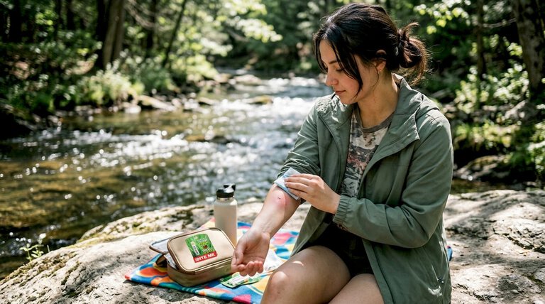 Woman applying cold compress to mosquito bite