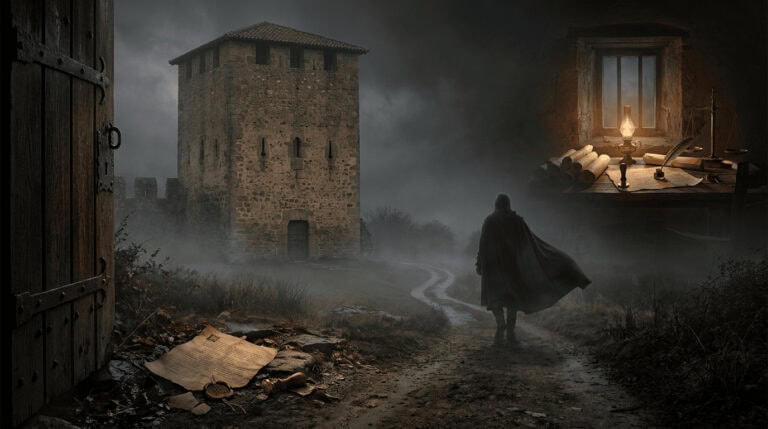 Antigua torre fortificada de la Vega entre niebla y sombras, símbolo histórico del origen de Torrelavega y de un misterio criminal no confirmado.