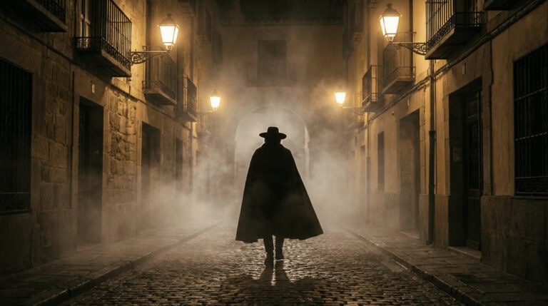 Figura embozada con capa oscura caminando por una calle histórica española entre niebla y faroles dorados.