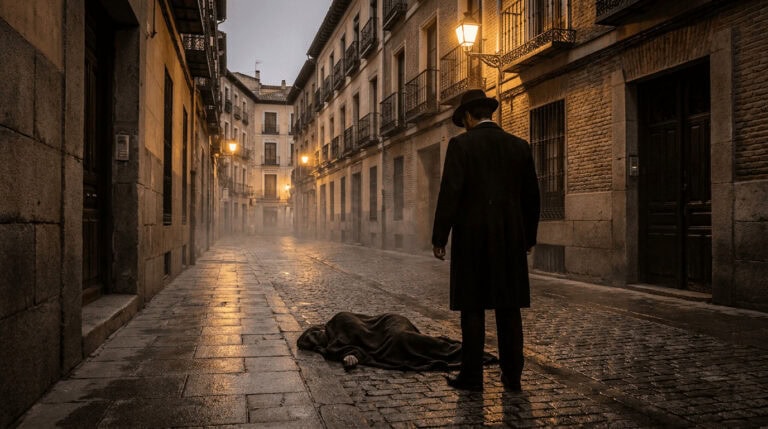 Portada histórica de una calle antigua de Madrid con ambiente oscuro, niebla y un hallazgo inquietante asociado a Hortaleza.