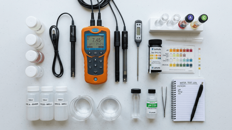 Water testing kit including pH meter, probes, reagent bottles, test strips, and sample containers