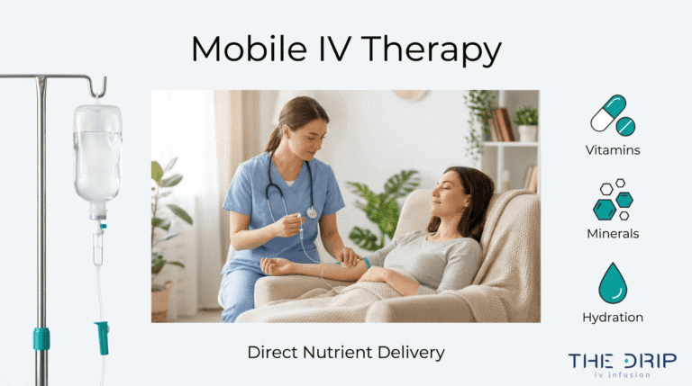 Mobile IV therapy at home with direct nutrient delivery through vitamins, minerals, and hydration support
