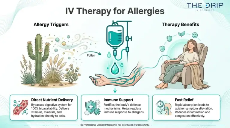 IV therapy for allergies infographic showing Arizona allergy triggers, pollen exposure, direct nutrient delivery, immune support, and fast relief benefits.