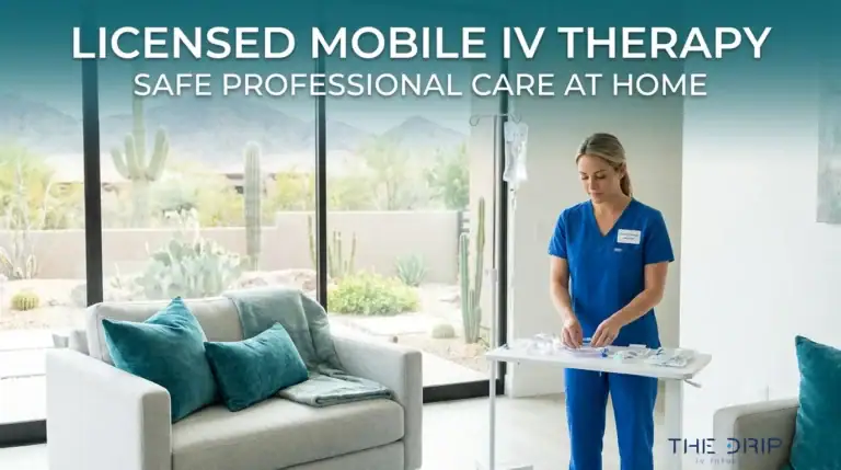 Licensed mobile IV therapy nurse preparing at-home IV treatment in Phoenix with safe professional care and The Drip IV Infusion branding.