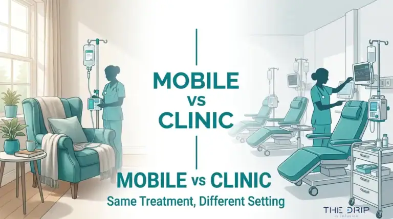 Mobile IV therapy versus clinic IV treatment comparison showing at-home IV care and in-clinic infusion setting.