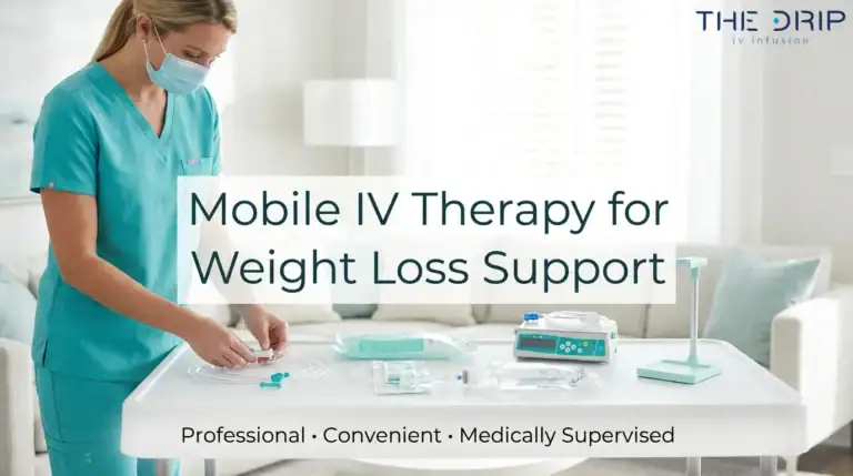 Mobile IV therapy provider preparing IV supplies at home for weight loss support, with The Drip IV Infusion branding.
