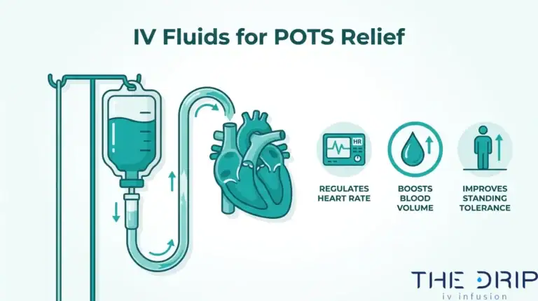 IV fluid therapy for POTS relief infographic showing how intravenous fluids may support heart rate regulation, blood volume, and standing tolerance.