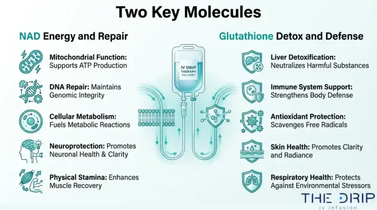 NAD and glutathione IV infusion benefits comparison.