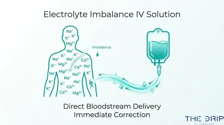 Electrolyte imbalance IV therapy infographic showing direct bloodstream delivery of fluids and electrolytes such as sodium, potassium, magnesium, and calcium.