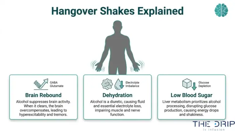 Hangover shakes infographic explaining brain rebound, dehydration, and low blood sugar as possible causes of trembling after drinking alcohol.