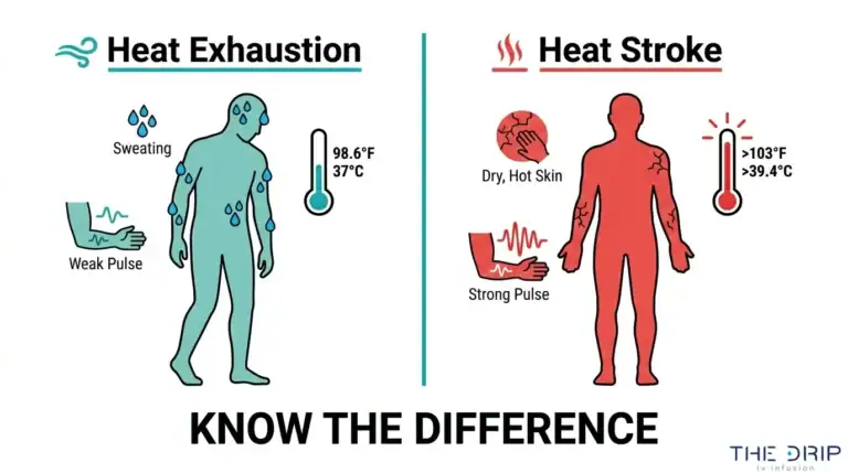 Heat exhaustion vs. heat stroke infographic comparing sweating, pulse strength, skin condition, and body temperature warning signs.