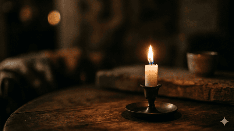 A lit candle in a brass holder on a wooden table in a dimly lit, rustic room.
