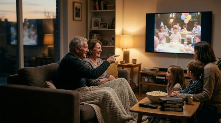 watching home videos with grandma and grandpa