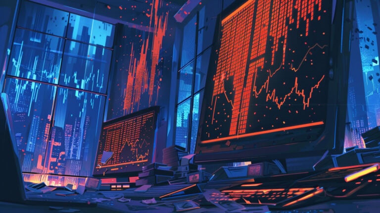 computer screens showing red numbers, cryptocurrency, financial exchange, collapse