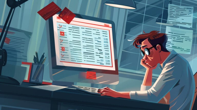 man resting his chin on his palm and staring at his computer screen showing a list of credit card declines on the checkout of his online business.