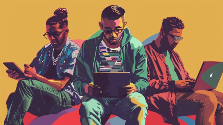 a man holding a cell phone, another holding a tablet, and a third on a laptop. Each are gaming.