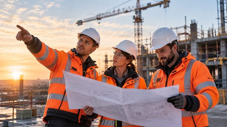 Engineering team reviewing plans at a construction site