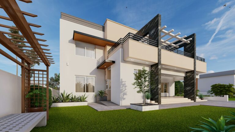 Modern villa exterior with pool and pergola