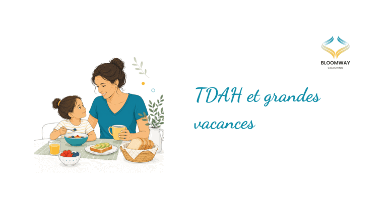 Routine d’été avec un enfant TDAH : mère et enfant à table pendant les grandes vacances, dans une ambiance calme et lumineuse.