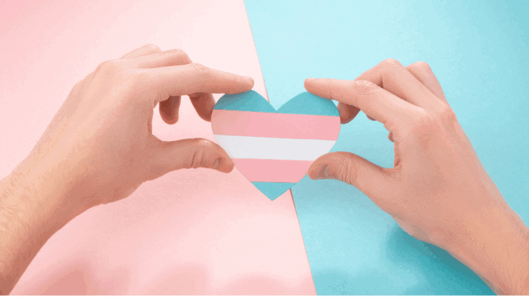 The trans flag featuring pastel blue, pink, and white stripes with a heart in the middle, symbolising love and support for the trans community.