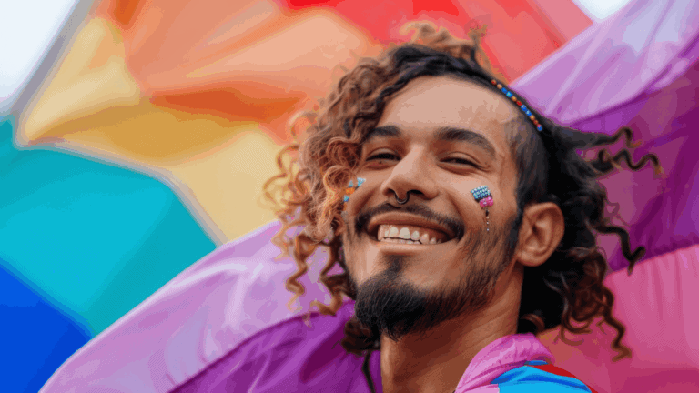 A smiling person with a beard and sparkly makeup on their cheeks in front of an LGBTQ+ flag, celebrating pride and individuality.