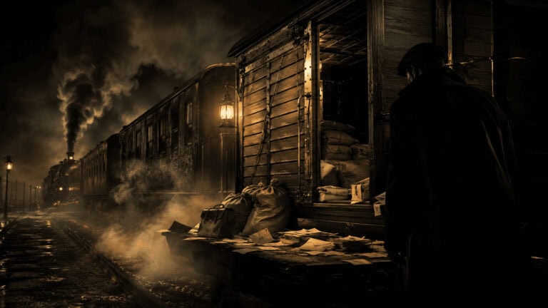 Portada editorial de un tren histórico nocturno con vagón postal y atmósfera de crimen en la España de 1924.