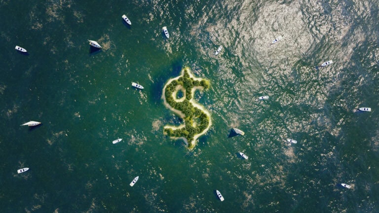 Concept of Foreign Banks or Offshore Accounts. Monetary policy. Global trade. Island with dollar symbol shape. Tax Heaven Concept. Move Money Abroad. Professional 3d rendering.