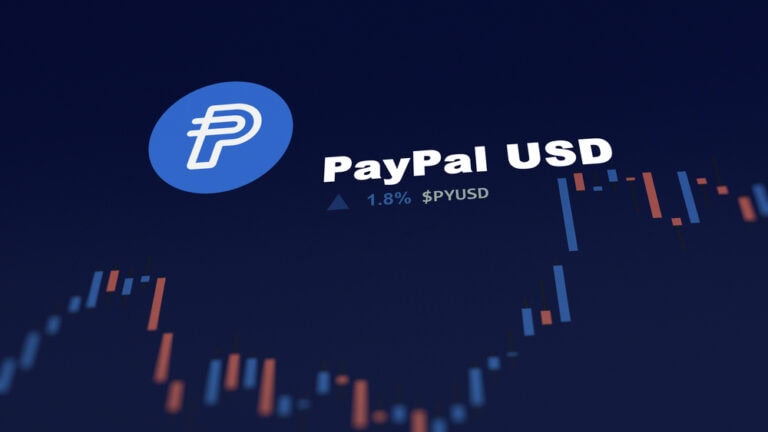 An investor analyzing the price of PayPal USD on a phone, the token coin $PYUSD on a crypto exchange sreen."
