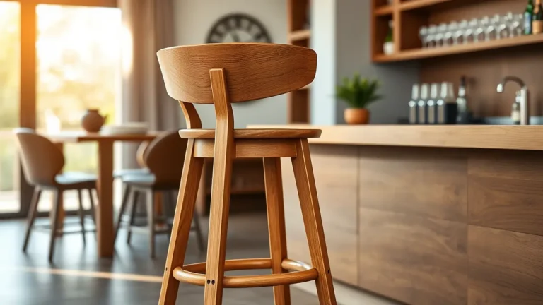 Elegante Barhocker aus Holz - Stilvolles Sitzen an Ihrer Hausbar 3 Ein hochwertiger Holzbarhocker mit klaren Linien und ergonomischem Design steht an einer modernen Hausbar. Die warme Holzmaserung des Hockers harmoniert mit der minimalistischen Bar, die eine dunkle Arbeitsplatte und dezente Dekorationen wie Pflanzen und Gläser aufweist. Natürliches Licht fällt durch ein Fenster und unterstreicht die edle Verarbeitung des Holzes.