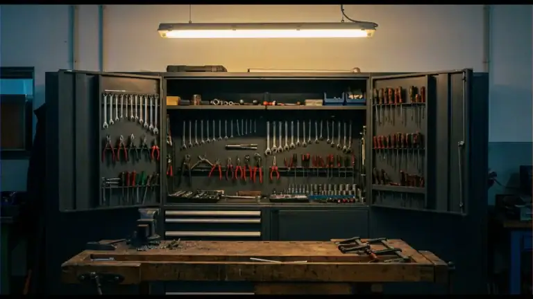 Werkstattschrank aus Stahl mit geöffneten Türen in einer Holzwerkstatt