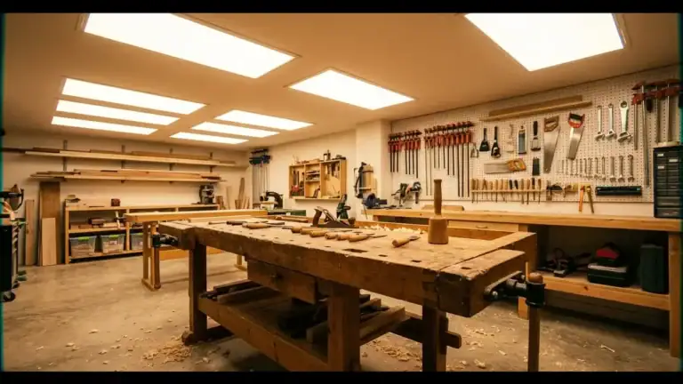 Werkstatt mit LED Beleuchtung an der Decke beleuchtet professionelle Holzwerkstatt