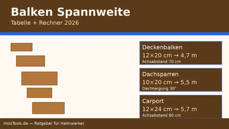 Holzbalken verschiedener Querschnitte mit Spannweiten-Tabelle für Decke, Dach und Carport