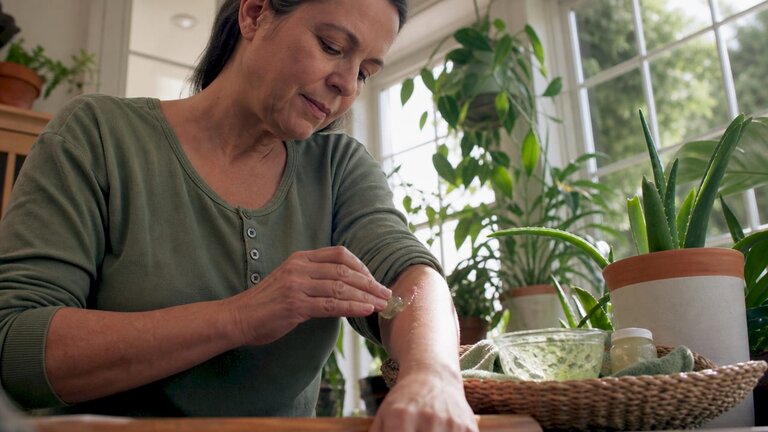 Woman applying natural aloe vera relief