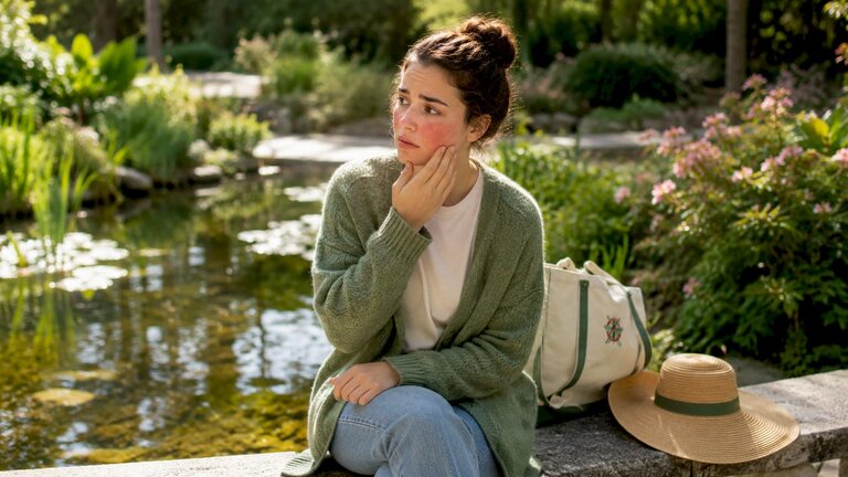 Woman outdoors touching irritated skin on cheek