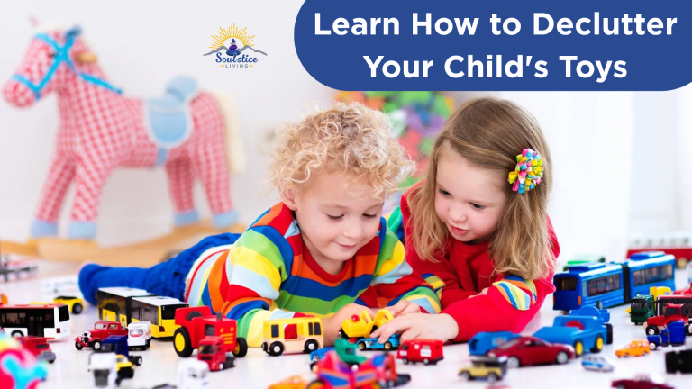 Kids playing with colorful toy cars and trucks on the floor with a plush horse in the background, promoting decluttering and organization tips for children's toys by Soulstice Living.