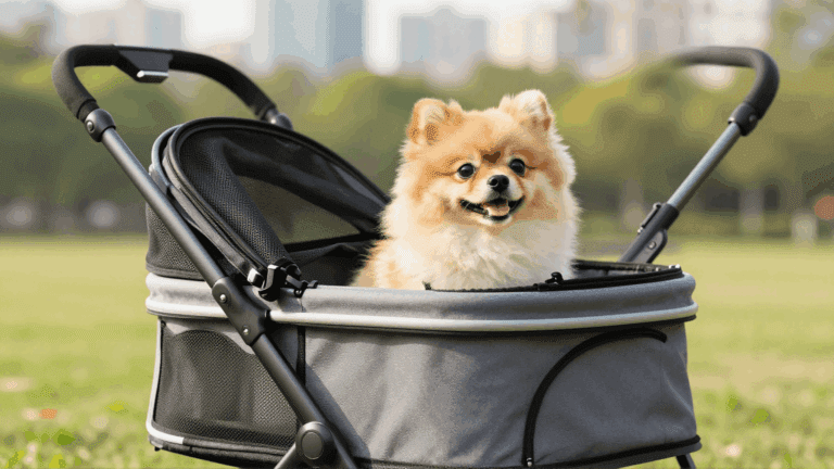 A happy small dog enjoying the outdoors in the best pet stroller for small dogs.