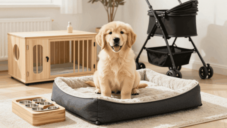 A cute golden retriever puppy surrounded by high-quality items from a new puppy checklist.