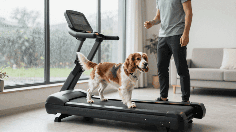 A happy medium-sized dog safely walking on a specialized indoor dog treadmill.
