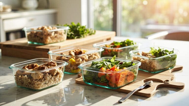 how to meal prep for the week - Sunday kitchen scene with glass containers